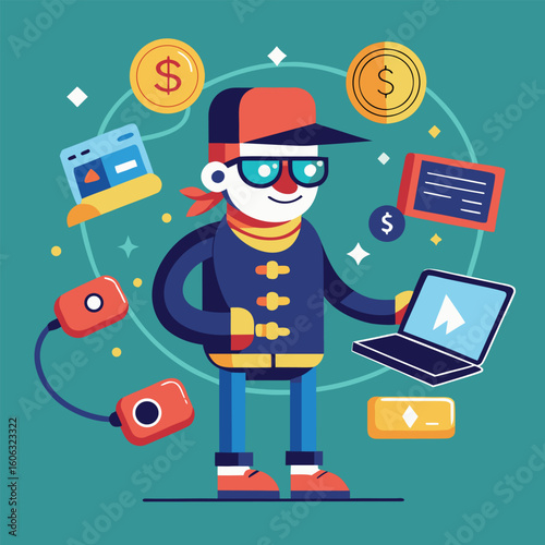 Character holding laptop with coins and gadgets money online
