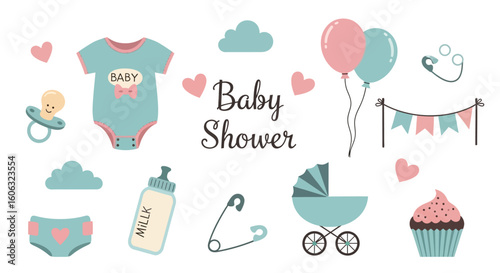 A cute collection of flat design elements for a baby shower. Set of isolated newborn icons like a stroller, pacifier, and balloons.