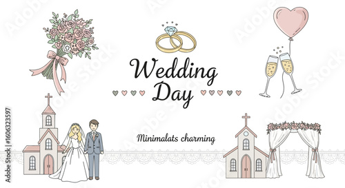 Hand-drawn wedding day doodle set with charming minimalist illustrations. Romantic collection of a couple, church, rings, and flowers.