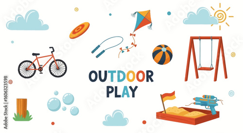 Vibrant collection of outdoor play and summer activity icons for children, including bicycle, kite, swing, and sandbox