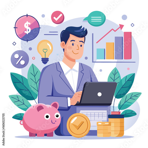 Man planning financial strategy with piggy bank and coins financial advisor savings