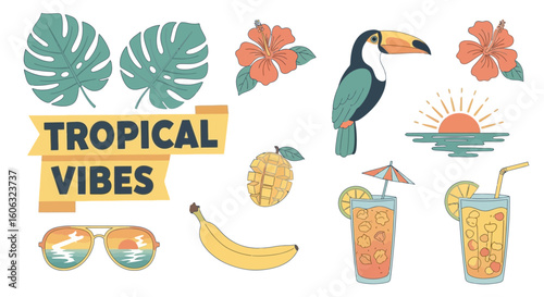 A vibrant set of summer vacation elements with a tropical vibes theme, including a toucan, exotic fruits, and cocktails.
