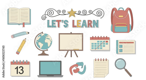 School supplies and "Let's Learn" text in a colorful illustration.