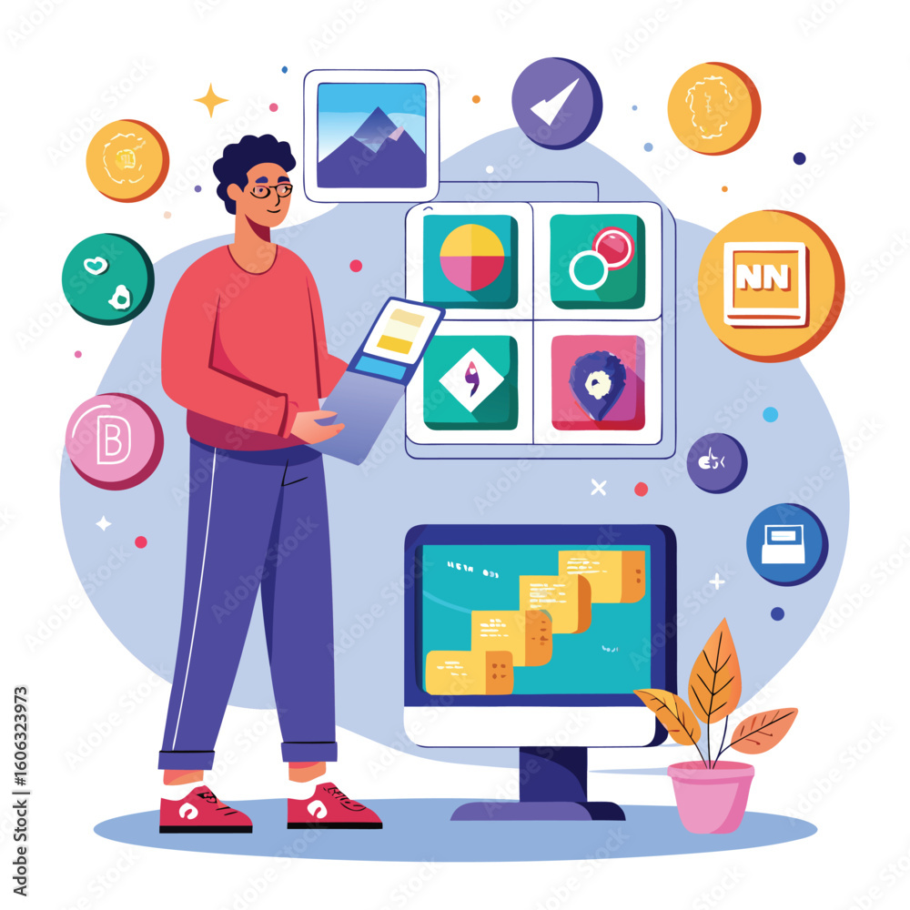 Fototapeta premium Person examining digital art and cryptocurrency icons computer