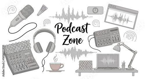 Podcast Zone illustration with microphone, headphones, laptop, and audio equipment.