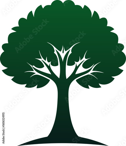 Monochrome tree with thick trunk and bushy crown simple vector illustration