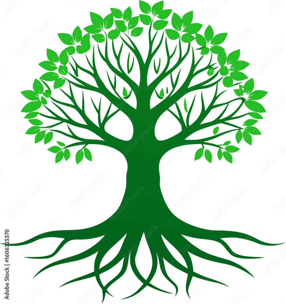 Fototapeta premium A stylized tree icon with roots and branches forming a balanced shape.