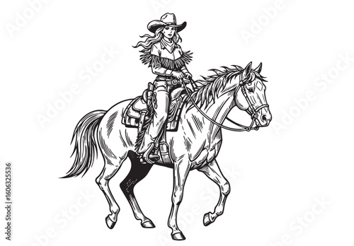 Dynamic vector illustration of a cowgirl on horseback, perfect for Western and adventurous themes.