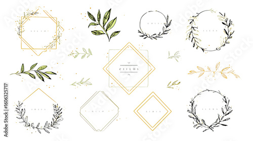Elegant Botanical Frame Collection with Gold and Black Leaves for Invitations and Wedding Designs