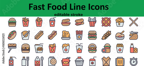 Collection of colorful fast food icons on white background burger hamburger