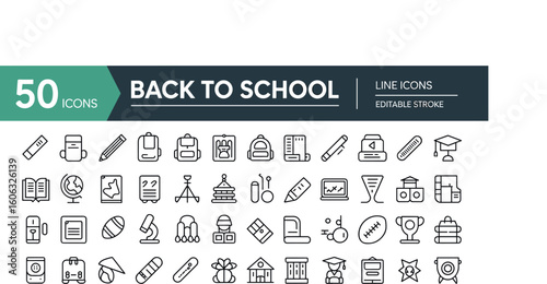 Collection of fifty line art icons for back to school and education school supplies