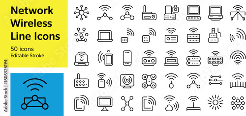 Collection of network and wireless technology line icons connection