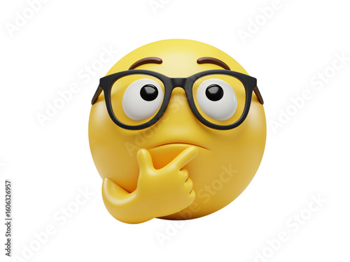Thinking emoji wearing glasses with finger on chin contemplating a difficult question isolated on transparent background