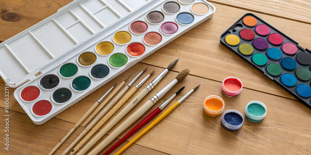 Fototapeta premium watercolor paints and brushes flat lay on wooden table