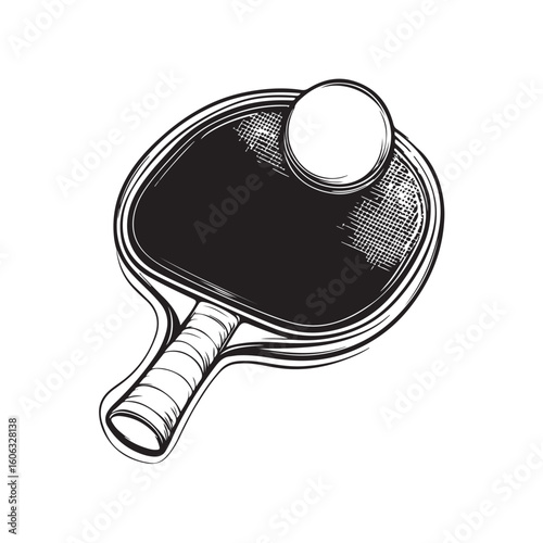 Vector illustration of table tennis rackets and ping pong balls in various styles and angles lies on a white background.