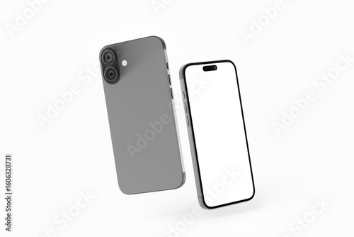 Two smartphone mockups present a blank white screen and back view.