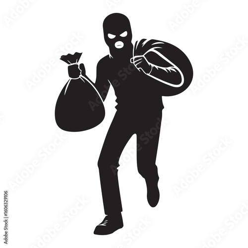 Running Thief with Stolen Sack Silhouette Vector Illustration