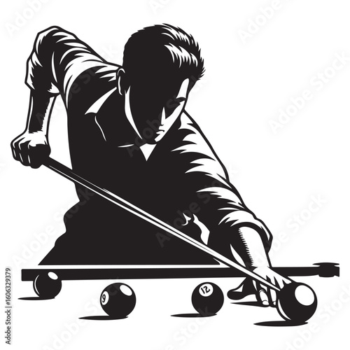 Pool Player Aiming at Billiard Balls Silhouette Graphic