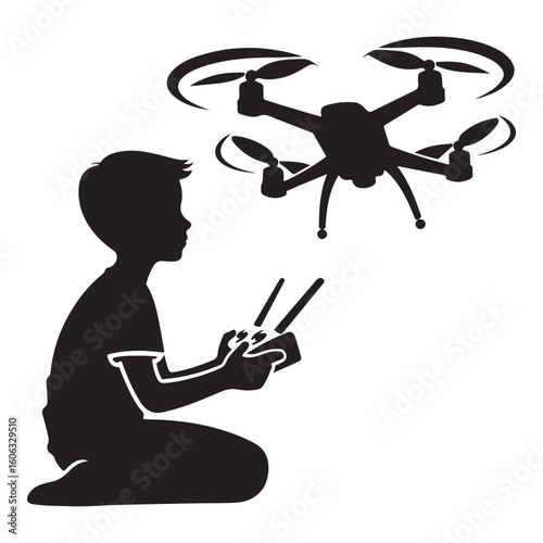 Boy Operating Drone Silhouette for Remote Flying Adventure