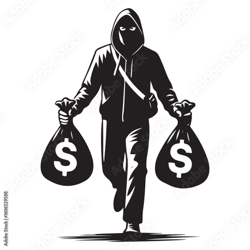 Money Heist Criminal Silhouette with Bags Full of Dollars