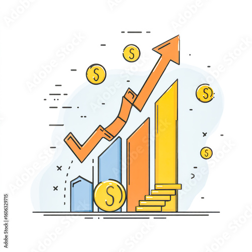 Growth chart with arrow and money coins showing financial success and investment increase vector illustration
