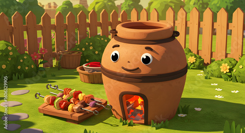 Cute Clay Oven Character with Barbecue Skewers in Garden – Whimsical Outdoor Cooking Illustration