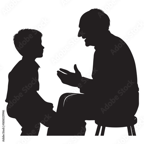 Grandfather telling story to grandson silhouette vector graphic