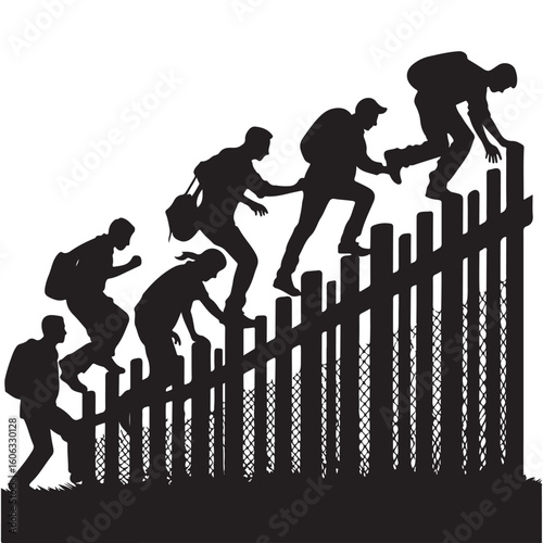 Migrant Silhouette Climbing Over Fence Border Crossing Illustration