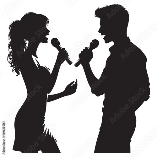 Musical Duet Silhouette Performing on Stage with Microphones