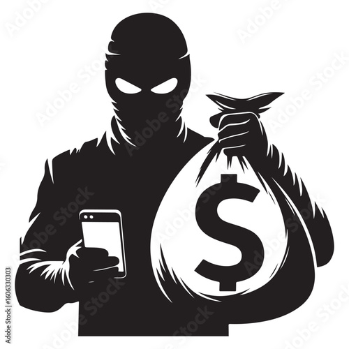 Modern thief using smartphone with a bag of money