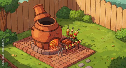 Cute Clay Oven Character with Barbecue Skewers in Garden – Whimsical Outdoor Cooking Illustration