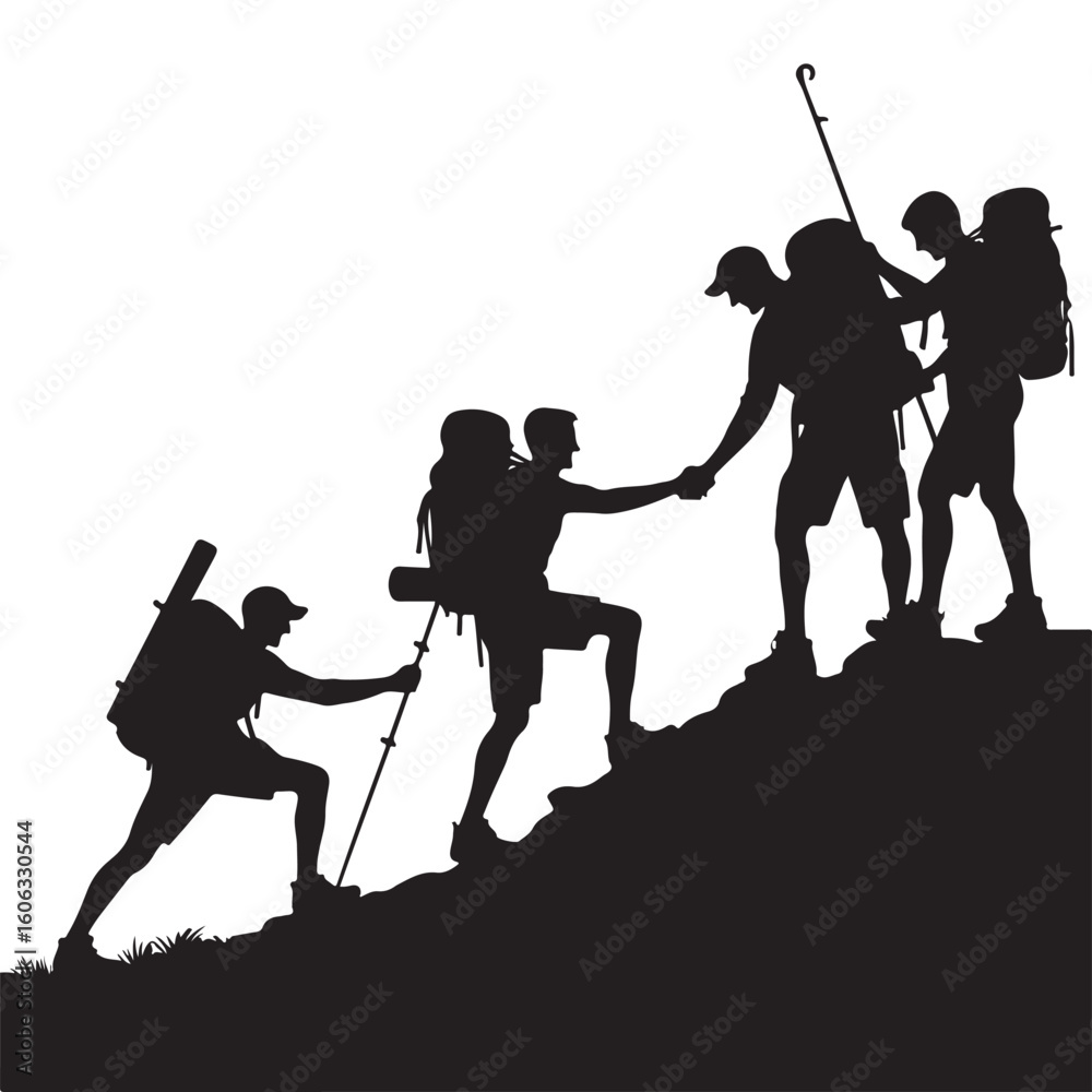 Obraz premium Teamwork and Endurance Silhouette Mountain Climbing Expedition Vector Art