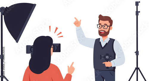 A creative videographer and photographer collaborating in a studio, demonstrating the professional process of film making with modern equipment.
