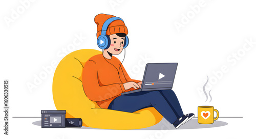 A young videographer and photographer focused on film making, editing content on a laptop while sitting on a beanbag.