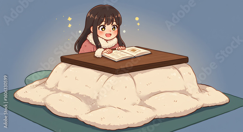 Cute Winter Anime Girl Studying Under Warm Kotatsu Table – Cozy Japanese Lifestyle Illustration