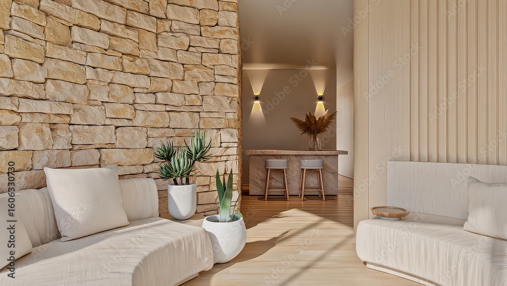 Fototapeta premium Tranquil Interior Scene: A cozy interior space, showcasing a seamless blend of modern and natural elements, with a focus on comfort and elegant design. 