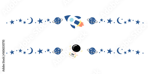 Cute Space Border Vector with Rocket, Astronaut, Planets, and Stars – Outer Space Divider Illustration