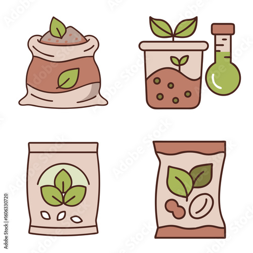Seed packet, soil testing kit and planting materials icon set, on a transparent background  