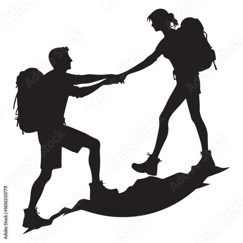Couple Helping Each Other Climbing Mountain: Teamwork and Support