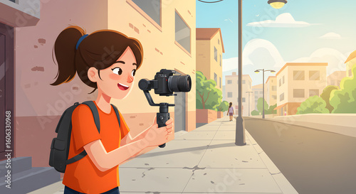 A cheerful female videographer and photographer in the city, passionate about the art of film making with her camera and stabilizer.