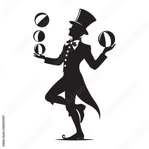 Classic circus performer juggling balls silhouette vector illustration
