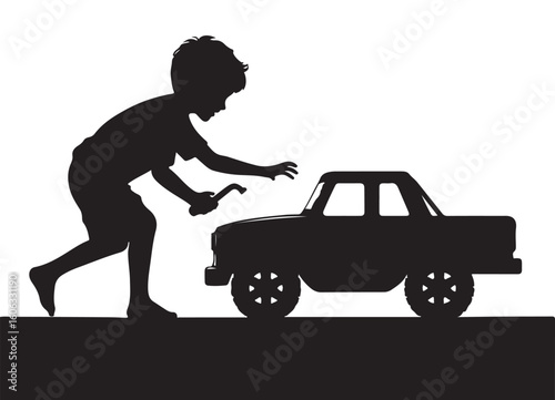 Child playing with toy car silhouette vector illustration