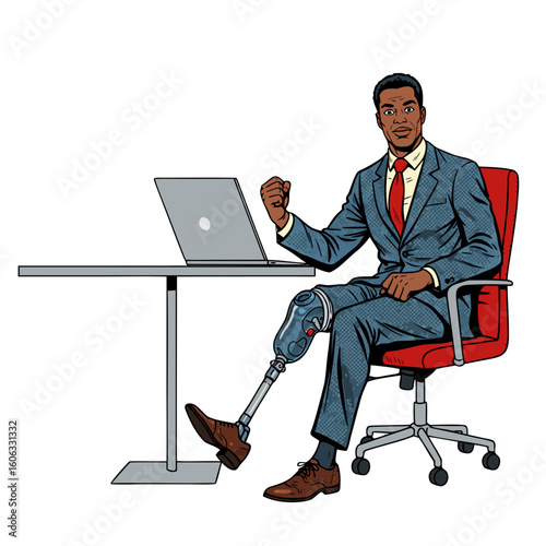 Confident black man with prosthetic leg sitting at desk in office  
