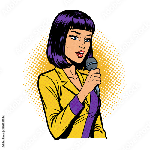 Confident woman speaking into a microphone in a pop art style  