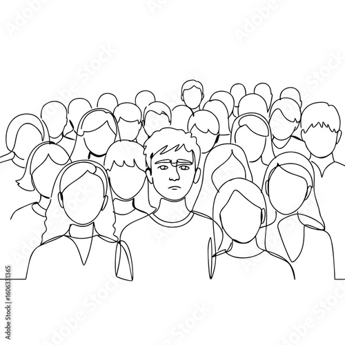 Confused teenager standing among crowd of people in line drawing  