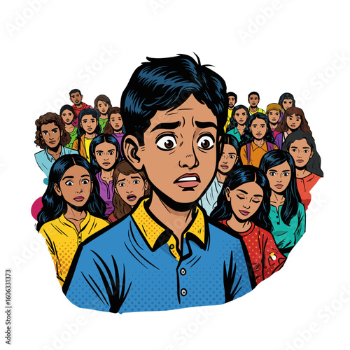 Confused teenager looking worried in a crowd of people  