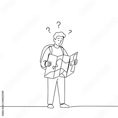 Man looking confused while reading a map with backpack on