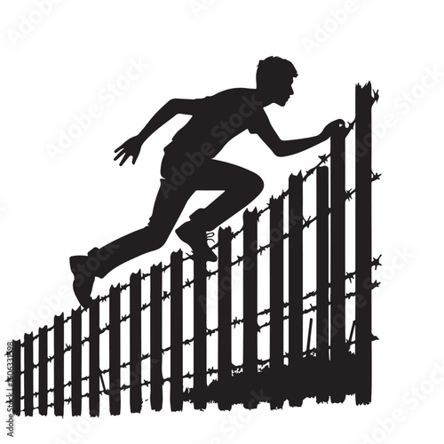 Silhouette Vector Illustration of Person Climbing Fence with Barbed Wire