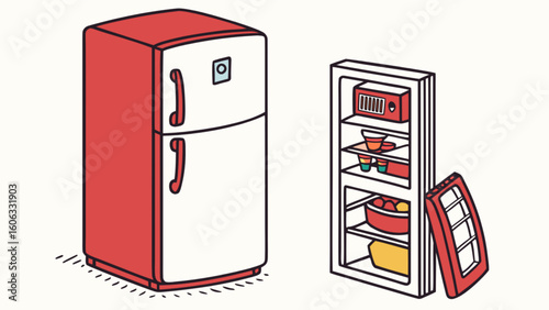 Red and white refrigerator freezer appliance with open fridge and food storage cartoon illustration