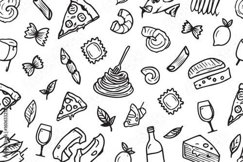 Seamless Doodle Pattern of Traditional Italian Food
